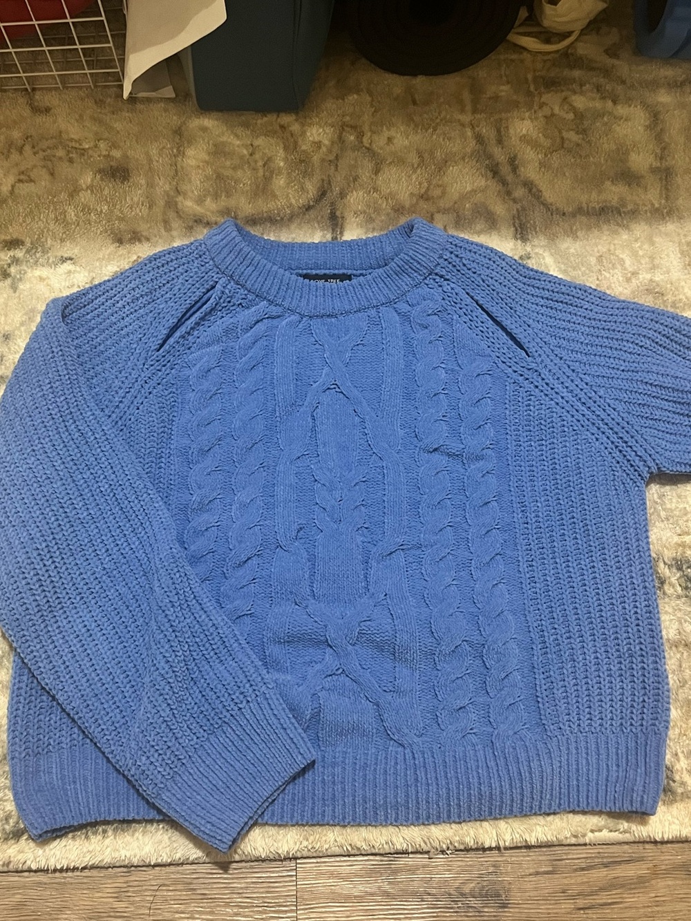 Blue Cable Knit Cutout Crewneck Sweater